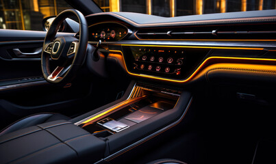 Luxurious modern car interior with elegant leather and ambient lighting, showcasing sophisticated dashboard design and high-end vehicle craftsmanship
