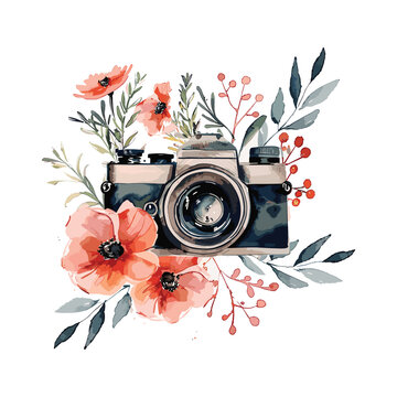 Photography watercolor floral camera logo.