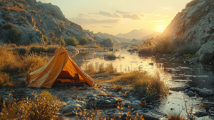 Orange tent in a beautiful landscape