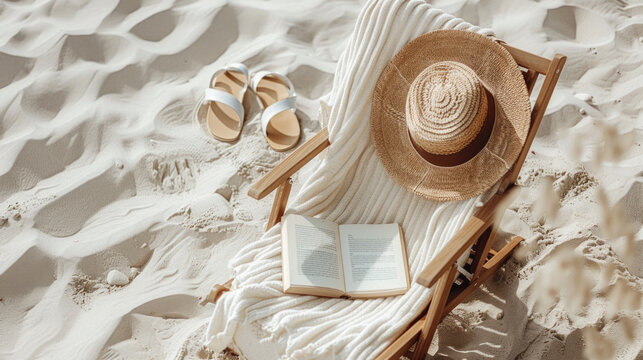 Wooden chair with straw hat, book and flip flops on the sand beach. Holiday, vacation