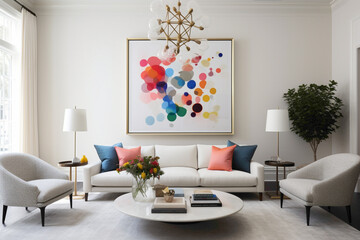 An inviting living room showcasing an empty white frame on a wall accented by a vibrant, abstract painting, surrounded by minimalist furniture and a sprinkle of colorful ornaments.