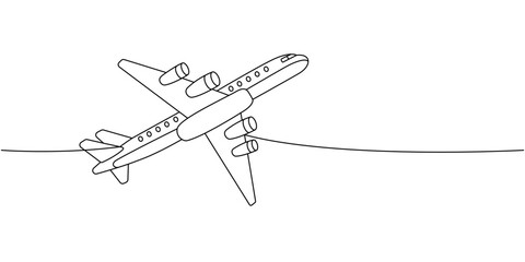 Fototapeta na wymiar Jet airplane, passenger aircraft one line continuous drawing. Different air transport continuous one line illustration. Vector linear illustration