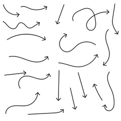 Black arrows icons in hand drawn style. Arrow sketch sign and set of hand drawn arrows. Vector illustration