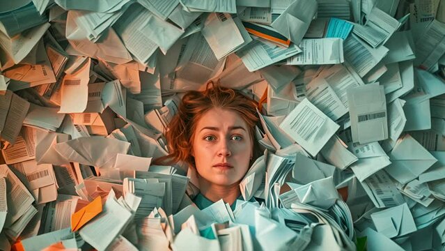 Pulling back from a redhead Caucasian woman's face as she completely buried in unpaid bills