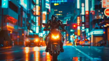 Electric motorbike on the modern night city street, glow effects.