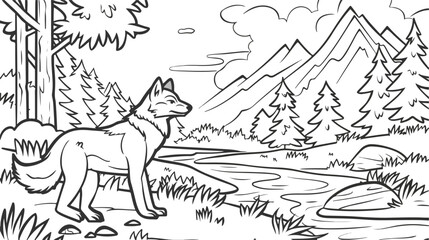 Mono line art vector of wolf near river.
