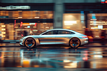 Futuristic silver concept car in a city street / electric car