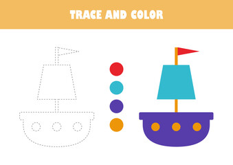 Children activity book vector illustration. Trace and color sail boat. Color and dashed line icons.