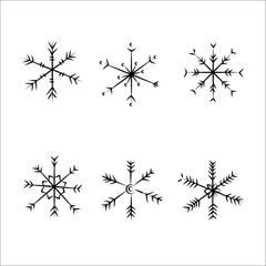 Snowflake doodle. Handdrawn snowflakes.Set snowflakes for design winter prints. Hand drawn Snowflake.