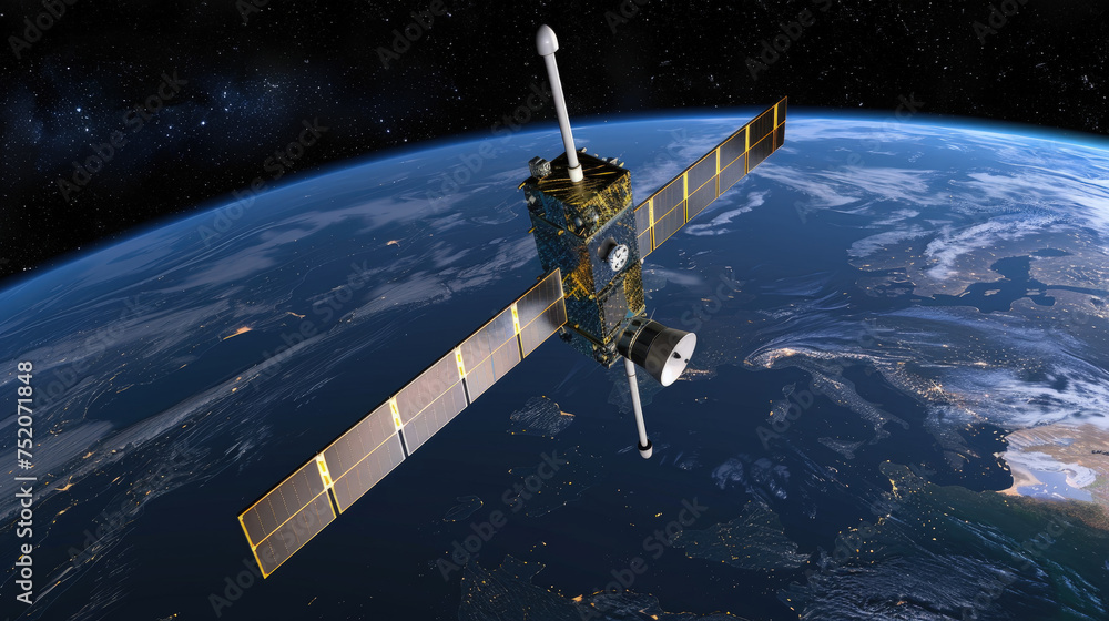 Poster an artists rendition showing a satellite in orbit around earth, showcasing the technology and capabi