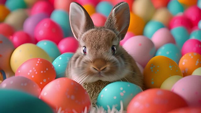 Cute bunny with a plethora of vibrant Easter eggs.