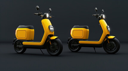 A yellow scooter parked neatly next to another scooter on a concrete pavement in an urban setting