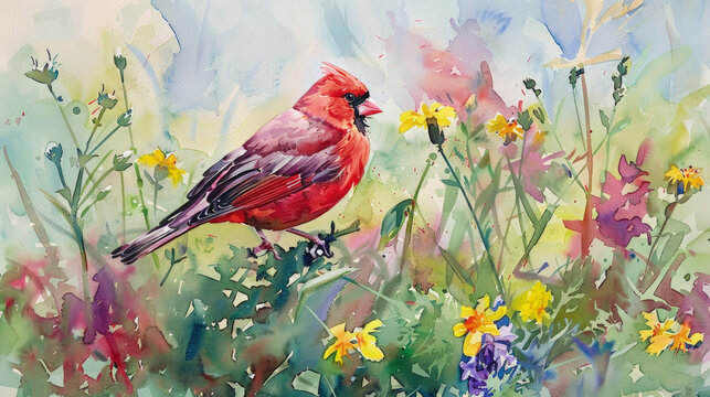 A vibrant painting featuring a red bird standing amidst a field of colorful flowers, showcasing a beautiful contrast of colors in nature
