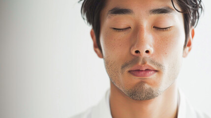 Close up of Asian handsome man’s face with beard and moustache, eye closed meditating with calm and serenity in white room in background