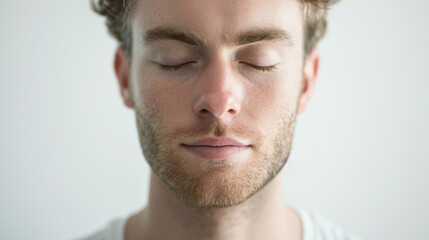 Close up of handsome man’s face with beard and moustache, eye closed meditating with calm and serenity in white room in background - obrazy, fototapety, plakaty