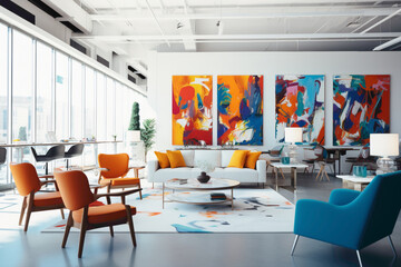 An office interior boasting a clean, monochromatic color scheme, enlivened by splashes of lively colors in statement furniture pieces and artwork.