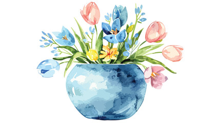 Watercolor Easter flowers pot.