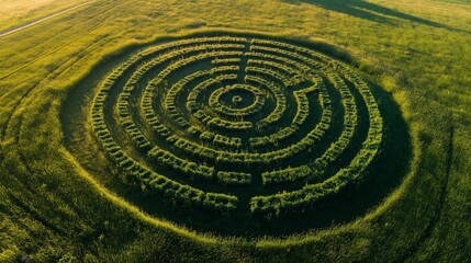Aerial view, capturing a grass labyrinth on a vast field.
