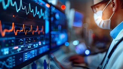 doctor working with heart beat wave on monitor