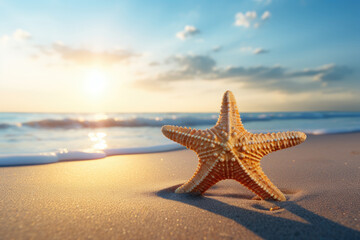 Fototapeta na wymiar beach with starfish in the sand, space for copy text. Summer holiday concept