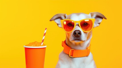 Funny cute dog in sunglasses.dog drinks delicious juice from a straw on a yellow background