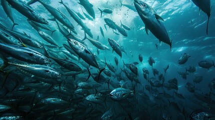 Fototapeta na wymiar An underwater spectacle featuring a lively school of tuna with the independent spirit of sea life in vivid captivating detail