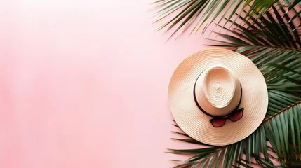 Fototapeten Beach hat, coconut leaves and sunglasses on pink background in Summer.copy space, top view, minimal style © inna717