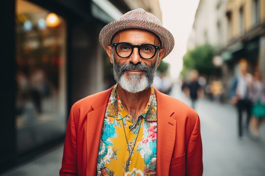 Portrait of a handsome senior man wearing stylish clothes and hat on the street.