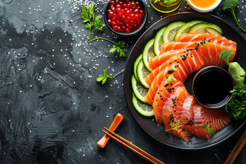 Close up of Fresh raw Salmon fillet steak and sashimi on wooden board background, delicious food for dinner, healthy food, ingredients for cooking.
