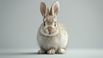 a brown and white rabbit is sitting on a white surface and looking at the camera