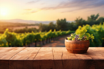 Empty wooden table for product demonstration and presentation on the background of a vineyard. Ripe grapes lie on the side of the table.The concept of harvest, winemaking. Mock up.Copy space.