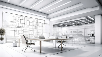 An office interior featuring a blank white empty frame, displaying a simple, monochromatic architectural blueprint.