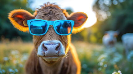 Playful Cow Wearing Heart-Shaped Sunglasses in Sunny Field