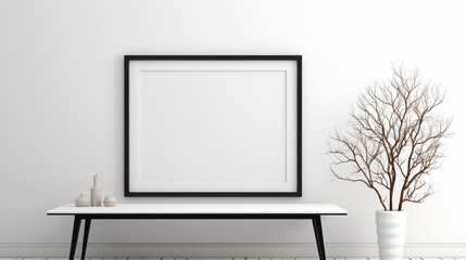 An office interior featuring a blank white empty frame, displaying a minimalistic, black and white still-life photograph.