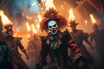 Creepy clowns and eerie acrobats perform under the ghastly glow of an evil carnival - obrazy, fototapety, plakaty