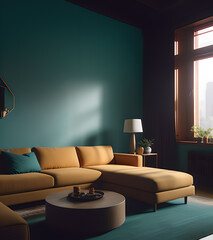 Interior of modern living room with green walls, concrete floor, yellow sofa and coffee table. 3d rendering