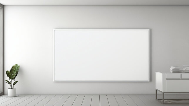 An office interior featuring a blank white empty frame, displaying a simple, monochromatic landscape painting.