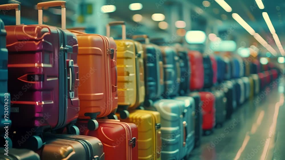 Poster rows of neatly stacked rolling suitcases line the airport terminal ready for their owners to retriev