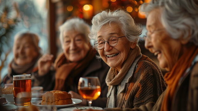 Joyful seniors sharing laughs in a cozy meeting warmth and friendship abound