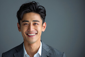The inviting smile of a young stylish Asian businessman in studio setting a new standard for modern business leaders - obrazy, fototapety, plakaty