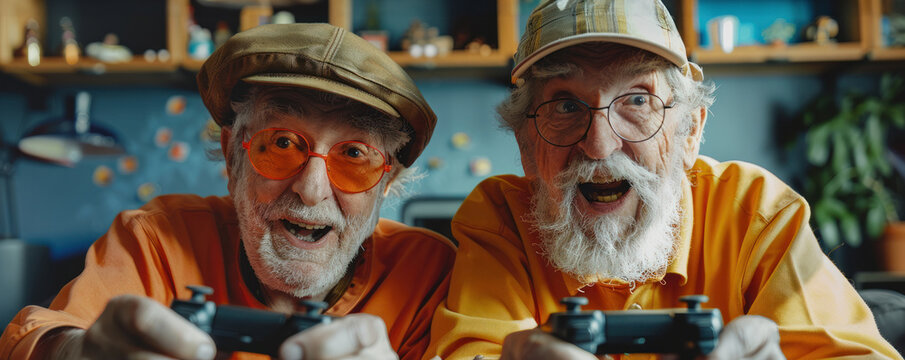 Two senior citizens redefining retirement immersed in a thrilling gaming battle joy uncontained