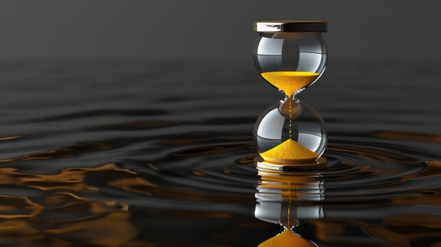 Hourglass placed on water, casting a slight reflection, ideal for a background symbolizing deadlines and the value of time