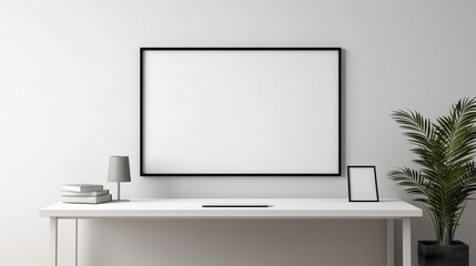 An office interior featuring a blank white empty frame, displaying a minimalistic, black and white typographic design. - obrazy, fototapety, plakaty