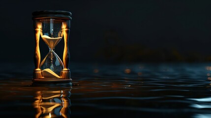 An hourglass placed on water, casting a subtle reflection, serves as an ideal background symbolizing deadlines and the importance of time. - obrazy, fototapety, plakaty