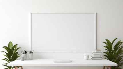 An office interior featuring a blank white empty frame, displaying a simple, monochromatic typographic design.