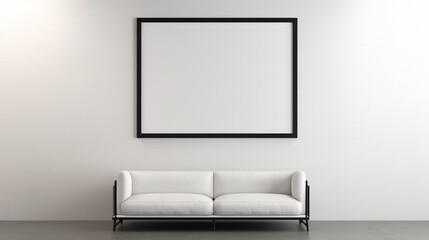 An office interior featuring a blank white empty frame, displaying a minimalistic, black and white photographic landscape.