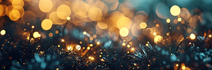 Fotobehang Christmas garland bokeh lights over bokeh gold dark blue background © Eyepain