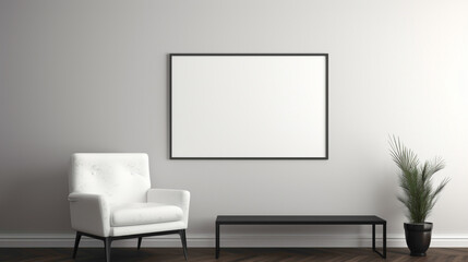 An office interior featuring a blank white empty frame, displaying a minimalistic, black and white...