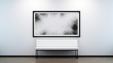 An office interior featuring a blank white empty frame, displaying a minimalistic, black and white abstract photograph.