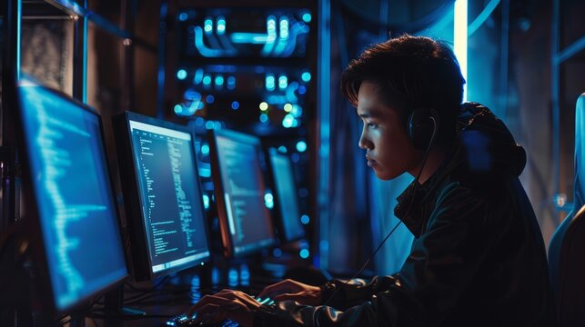 Tech-savvy asian man engaging with ai chatbot on futuristic computer: cybersecurity coding and cybercrime prevention in action